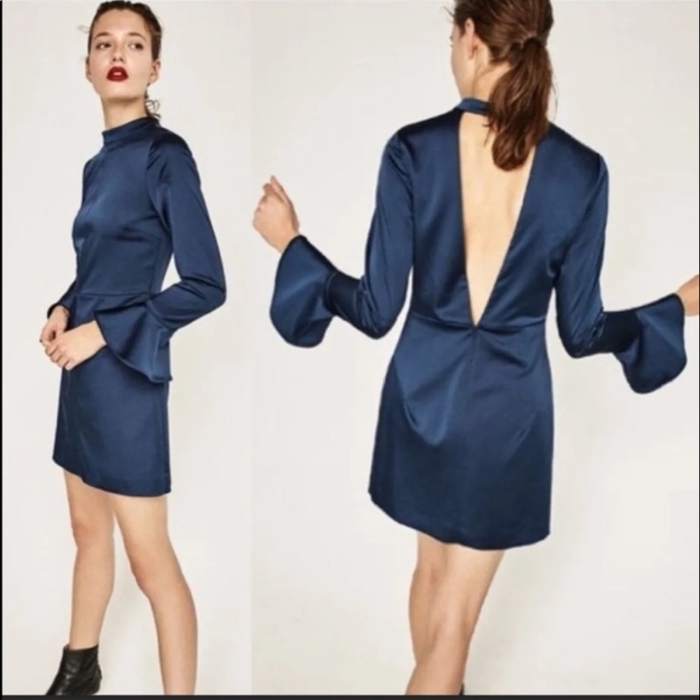 Zara satin v back dress teal with ruffle sleeves